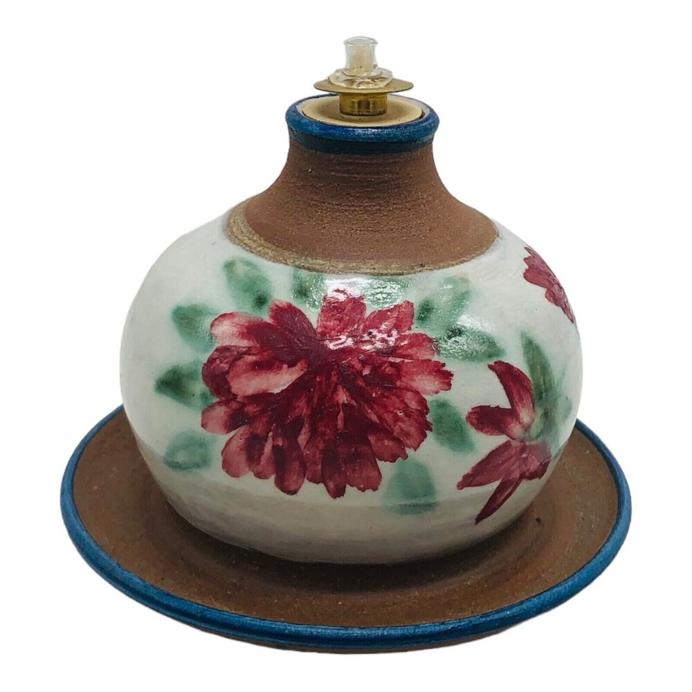 Studio Pottery Oil Candle Lamp Vessel Blue Red Glazed Moody Floral Signed LS ‘99